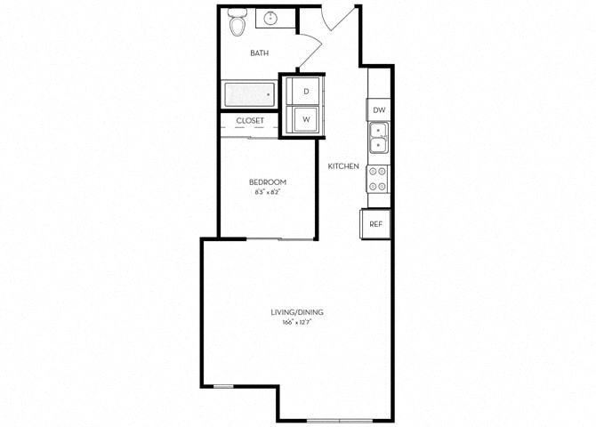 Floor plan for studio, 1 bath, 571 sqft